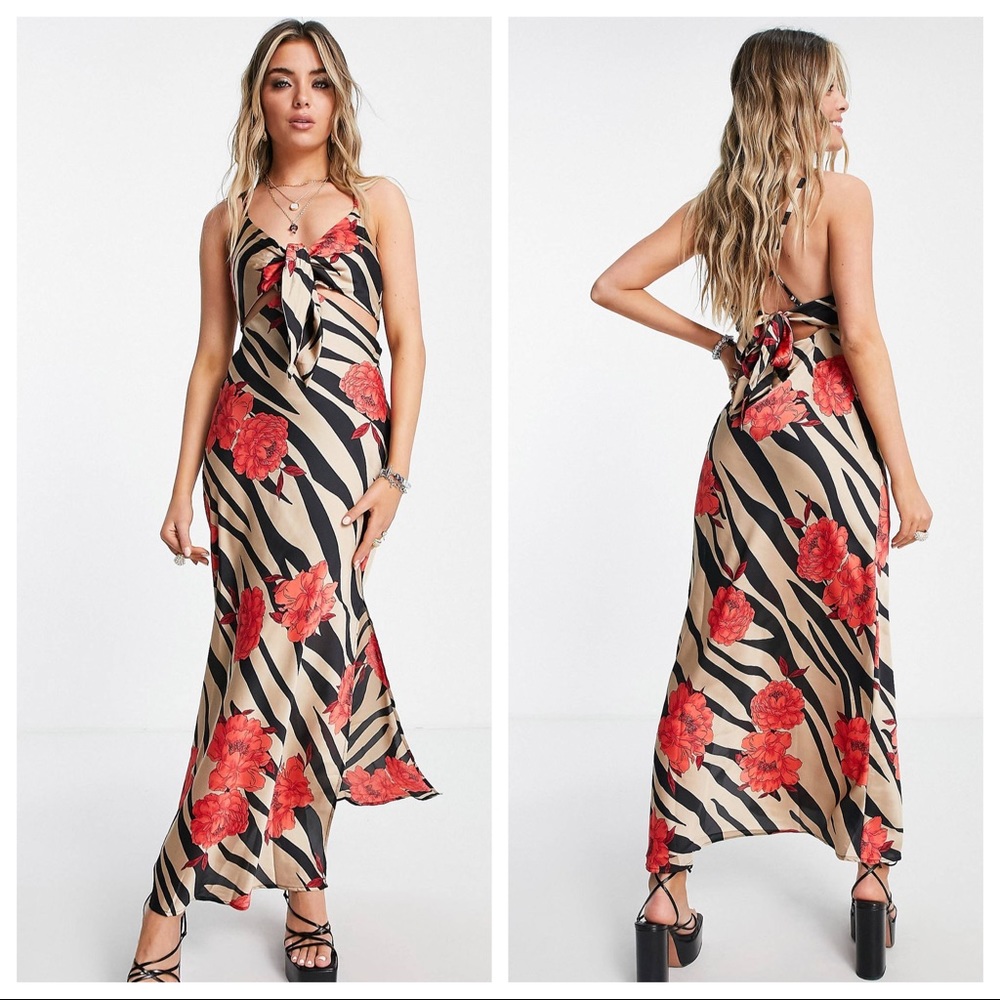 Topshop cutout floral zebra satin midi slip tank dress